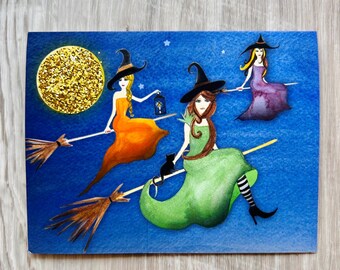 Witch Halloween Card, Watercolor Witch Greeting Card, Witchy Halloween Card, Original Art, Spooky Greeting Card