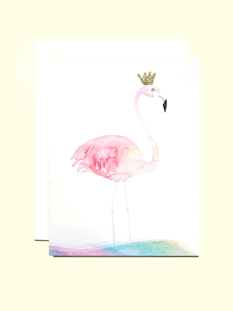 Pink Flamingo Birthday Card, Congratulations Card, Happy Birthday, Gold Crown Glitter Card, Colorful Watercolor Card, Birthday Card image 1