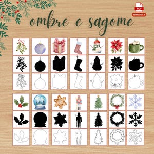 Può includere: Una griglia di illustrazioni e sagome a tema natalizio su uno sfondo di legno. Le immagini includono vischio, ornamenti, regali, calze, pupazzi di neve, stelle di Natale, tazze, agrifoglio, palle di neve, fiocchi di neve e uno schiaccianoci. Il testo "ombre e sagome" è in alto.