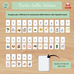 May include: A set of flashcards for learning the alphabet, featuring watercolor illustrations of objects and animals. Each card displays a letter and a corresponding image, such as a tree for 'a' and a house for 'c'. The text "Carte delle lettere" is at the top.