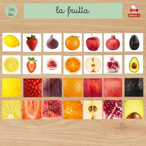 May include: A wooden board displays a collection of fruit images, including a lemon, strawberry, fig, orange, apple, pomegranate, and avocado. The text "la frutta" is at the top. The images are arranged in a grid, showcasing whole fruits, cross-sections, and close-ups.