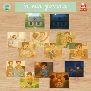 以下が含まれることがあります： 子供の日常生活を描いたイラストパネルのコレクション。起床、歯磨き、朝食、登校、遊び、就寝などのシーンが含まれています。「la mia giornata」の文字が上部にあります。