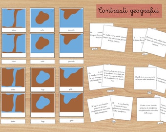 Nomenclature dei Contrasti geografici (Montessori) dimensioni 14x14 Forme dell'acqua e della terra - Forms of water and earth