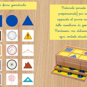 May include: A wooden box with drawers containing geometric shapes. The box is labeled "Le forme geometriche" and "Materiale pensato (e proporzionato) per essere appaiato al primo cassetto della cassettiera di geometria Montessori ma utilizzabile in ogni contesto educativo."