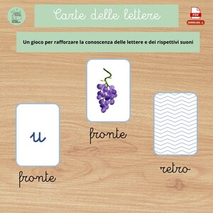 May include: Educational flashcards with Italian text. The cards feature a purple grape illustration, the letter "u", and a patterned design. The text on the cards reads "front" and "back". The top banner says "Carte delle lettere".