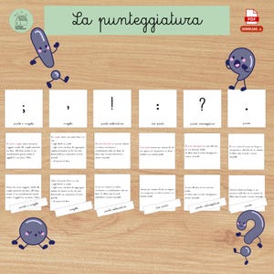 Może przedstawiać: Drewniane tło z zielonym banerem z napisem "La punteggiatura". Obraz przedstawia ilustracje znaków interpunkcyjnych: średnik, przecinek, wykrzyknik, dwukropek, znak zapytania i kropka, z odpowiednimi opisami.