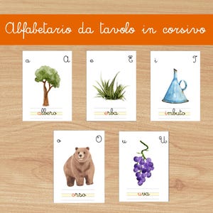 File stampabile, gioco per bambini, alfabetario da tavolo italiano con lettere straniere, SOLO CORSIVO, abecedario, ispirazione Montessori