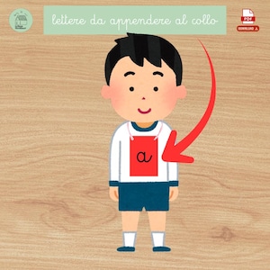 Può includere: Illustrazione di un bambino che indossa una maglietta bianca con pantaloncini e calzini blu. La maglietta ha un'etichetta rossa con la lettera "a". Il testo "lettere da appendere al collo" è sopra il bambino.