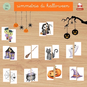 Può includere: Un gioco educativo a tema Halloween con illustrazioni ad acquerello. L'immagine presenta coppie di immagini divise di zucche, ragni, fantasmi e altri elementi spettrali. Il testo "simmetrie di halloween" è visualizzato in alto.