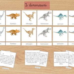 Può includere: Un set di flashcard di dinosauri con illustrazioni ad acquerello. Ogni carta presenta un dinosauro diverso, tra cui Brontosauro, Triceratopo e Velociraptor, con i loro nomi in italiano. Le carte sono disposte su una superficie di legno.