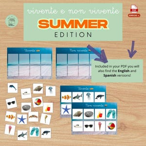 Può includere: Un colorato gioco educativo con il testo "SUMMER EDITION". Il gioco include carte con immagini di creature marine e oggetti da spiaggia, progettate per insegnare i concetti di esseri viventi e non viventi. Il PDF include versioni inglese e spagnola.
