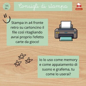 May include: An illustration with text in Italian, including a printer, stars, and the words "Consigli di stampa." The text suggests printing on A4 cardstock for a game card effect. A PDF download button is visible.