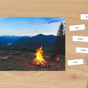 May include: A campfire burns brightly in a scenic landscape with mountains and a lake under a blue sky. White cards with Italian words are on a wooden surface. The image is a learning aid.