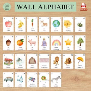 May include: A colorful wall alphabet chart featuring watercolor illustrations of various objects, each representing a letter. Includes an apple, banana, dog, flower, and zebra. The text "WALL ALPHABET" is at the top.