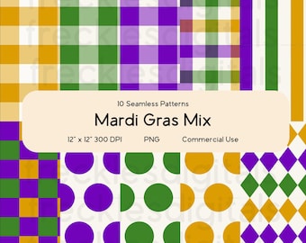 Mardi Gras Mix Seamless Pattern Bundle | Repeating Pattern | Purple Green Gold