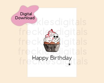Printable Birthday Card | Goth Cupcake with Skull | Spooky Watercolor Design