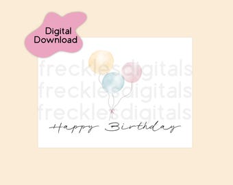 Printable Birthday Card with Watercolor Balloons | for Kids or Adults | Instant Download DIY | PDF