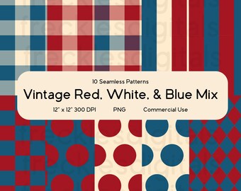 Vintage Red, White, & Blue Mix Seamless Pattern Pack | Repeating Pattern | Americana |