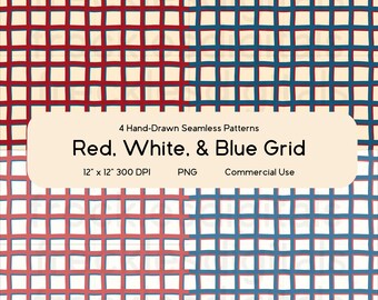 Red, White, & Blue Grid Hand Drawn Seamless Pattern Bundle | Repeating Pattern