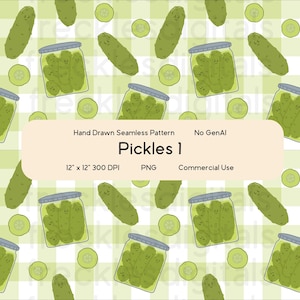 May include: Seamless pattern featuring green pickles and pickle slices scattered across a light green and white checkered background. Jars of pickles are also present. The text "Pickles 1" is displayed, along with other details.