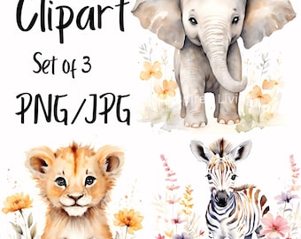 Watercolor Zoo Animals Clipart, Cute Woodland Creature PNG&#39;s, Nursery Clipart Set, Safari Sublimation Design File, Nursery Decor download