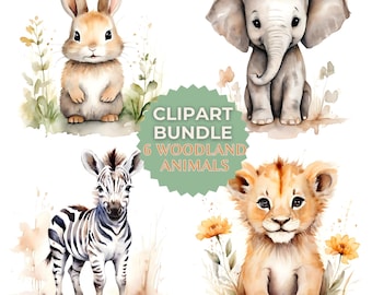 Woodland Animals Clipart PNG Set, Cute Creature downloads, Watercolor Nursery Set, Safari Zoo Sublimation Design File, Nursery Decor Files