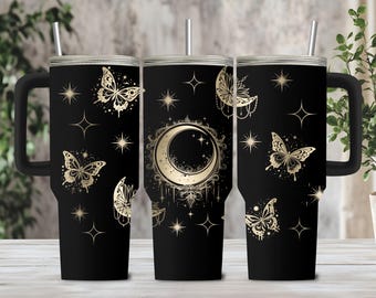 Boho Celestial Moon Laser Engraving file , Cosmic star pattern Tumbler Wrap Design, Elegant Butterfly PNG/SVG, Dreamy Mystical Aesthetic