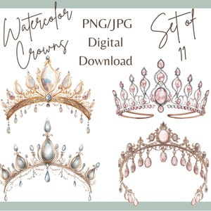 Clipart de coroa em aquarela, conjunto de PNG de sobreposição de coroa, arquivo para download de sublimação, impressão de cartão de aniversário de princesa, convite de tiara artesanal