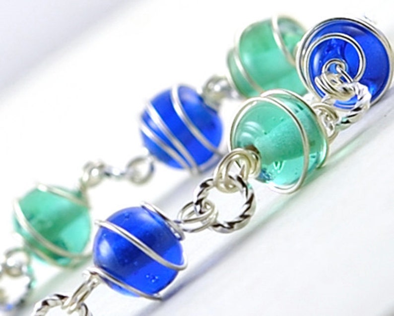 Glass Bracelet. Blue Tones Bracelet. Wire Wrapped Glass. Germany Bracelet in Blue. Fashion under 15. image 1