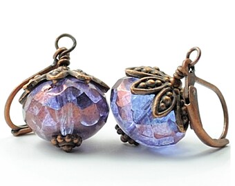 Handmade Gift for Her, Purple Earrings, Amethyst Purple Luster Glass Jewelry, Antiqued Copper Beaded Dangle Drop, Leverback Earwires