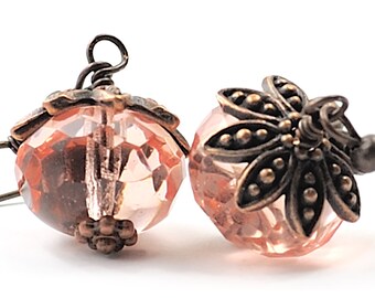 Blush Pink Glass Earrings, Antiqued Copper and Pale Rose Rosaline Pink Czech Glass Dangles, Antiqued Oxidized