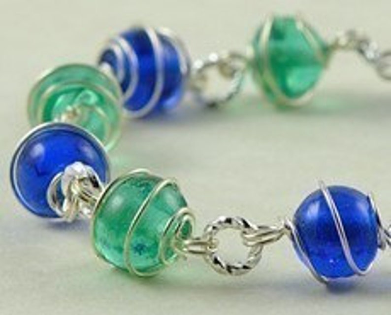 Glass Bracelet. Blue Tones Bracelet. Wire Wrapped Glass. Germany Bracelet in Blue. Fashion under 15. image 2