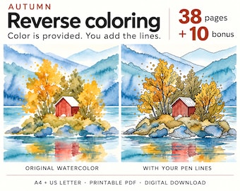 Autumn Reverse Coloring Book PDF, 48 Watercolor Pages, Creative Outlining, A4 & US Letter Printable