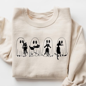 Ghost Holding Black Cat Sweatshirt, Ghost Cat Halloween Hoodie, Halloween Gift for Cat Owners, Halloween Cat Tee, Black Cat Outfit, Fall Tee