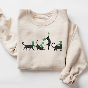 Embroidered Irish Lucky Cats Sweatshirt, Embroidery St Paddys Day Cat Lover Shirt, Lucky Irish Sweater, Cat Shamrocks T-Shirt, Irish Cat Mom