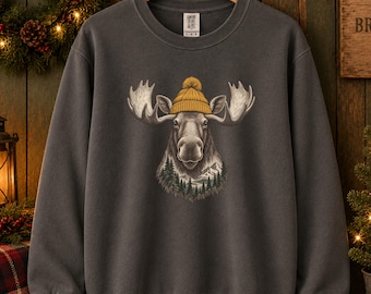 Vintage Moose Shirt, Comfort Colors® Wilderness Tee, Winter Lodge Sweatshirt, Rustic Forest Crewneck, Mountain Cabin Christmas Gift for Him