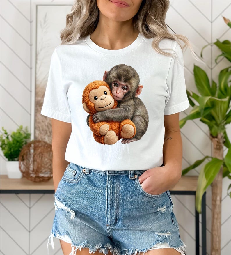 May include: White t-shirt featuring a graphic of two monkeys hugging. One monkey is brown and the other is orange. The t-shirt is made of a soft material and is suitable for casual wear.