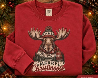 Merry Christmoose Shirt, Comfort Colors® Moose Christmas Sweatshirt, Vintage Holiday Wildlife Tee, Festive Moose Crewneck, Winter Cabin Gift