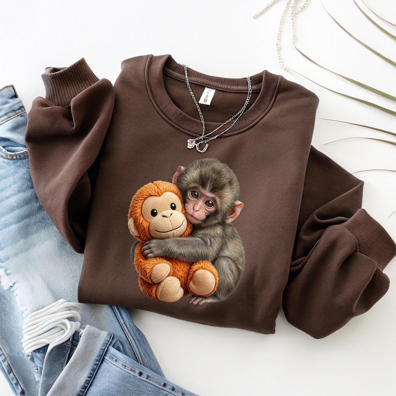 May include: A brown sweatshirt featuring a graphic of two hugging monkeys. One monkey is orange, and the other is gray. The sweatshirt has a crew neck and long sleeves. A silver necklace with a small pendant is on the sweatshirt. Blue jeans are visible in the background.