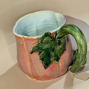 Handmade Pumpkin Mug Fall Coffee Cup with Leaf handle
