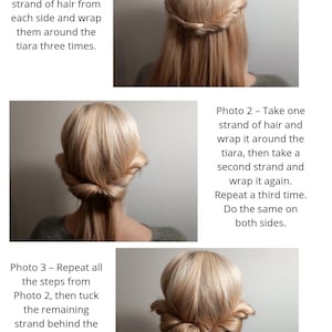 K&ouml;nnte beinhalten: Eine visuelle Anleitung mit dem Titel Hairstyle ideas using the tiara, die drei Lehrfotos von blondem Haar zeigt, das mit einem Diadem gestylt wurde. Jeder Schritt enth&auml;lt Textanweisungen zum Wickeln von Haarstr&auml;hnen um das Diadem.