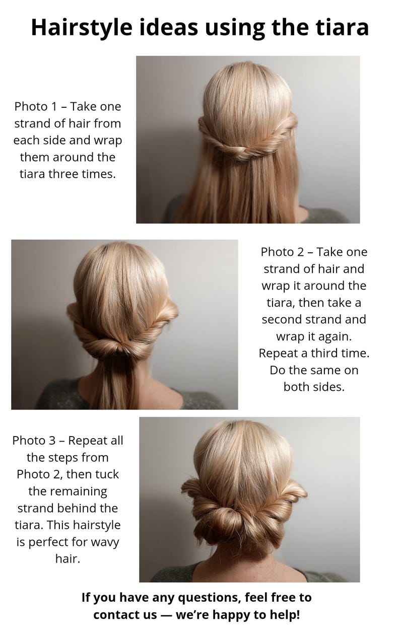 K&ouml;nnte beinhalten: Eine visuelle Anleitung mit dem Titel Hairstyle ideas using the tiara, die drei Lehrfotos von blondem Haar zeigt, das mit einem Diadem gestylt wurde. Jeder Schritt enth&auml;lt Textanweisungen zum Wickeln von Haarstr&auml;hnen um das Diadem.