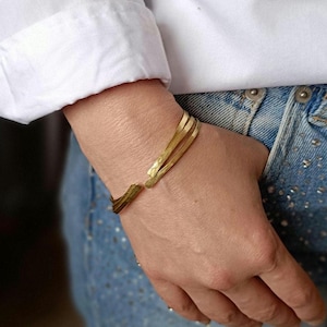 Minimalist Brass Cuff Bracelet, Thin Gold Stacking Bracelet, Adjustable Open Bangle, Dainty Everyday Jewelry, Gift for Her