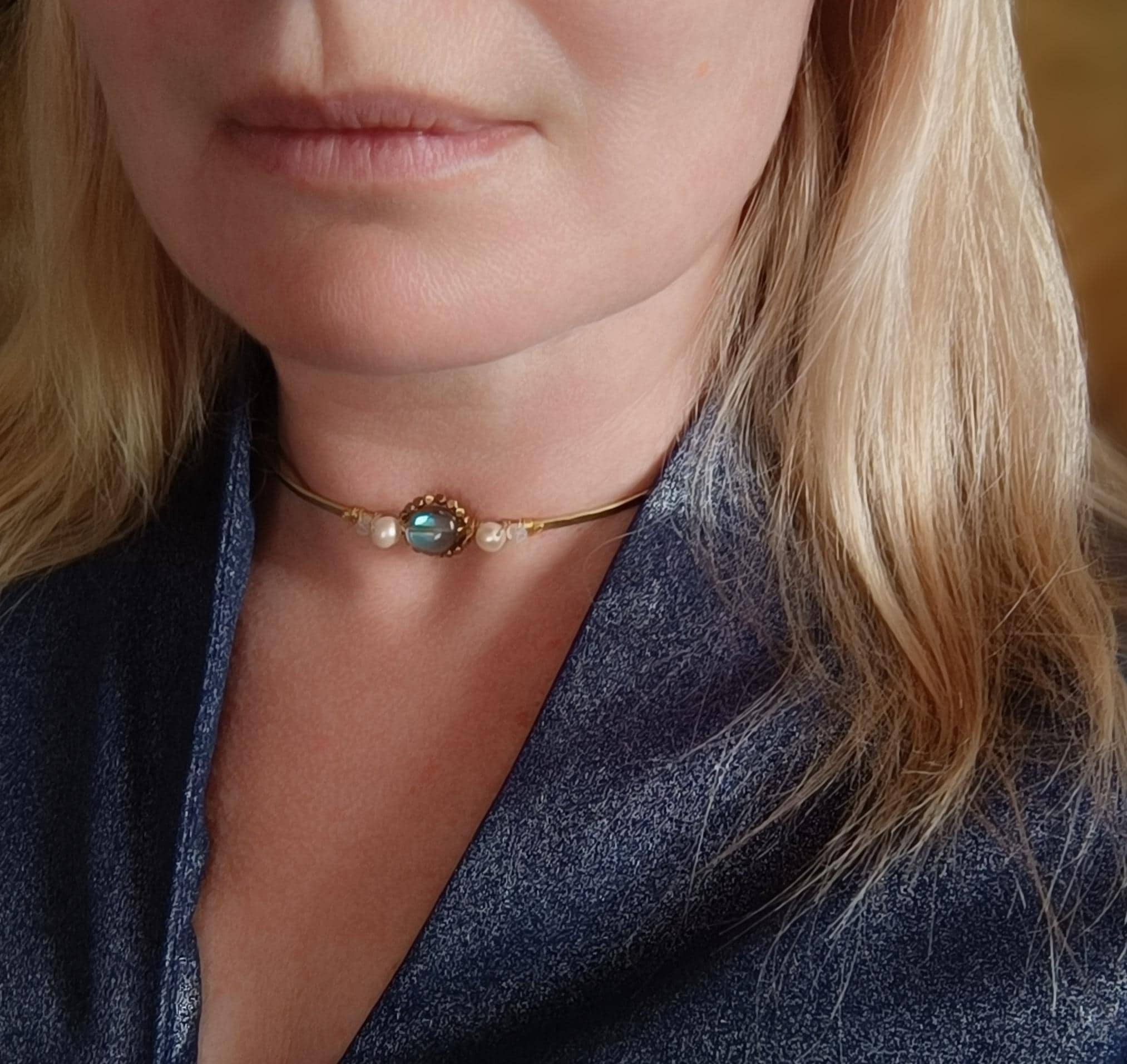 Elven Brass Choker with Opalite, Pearls & Hematite – Handmade Cold Forged Necklace – Adjustable Sizes