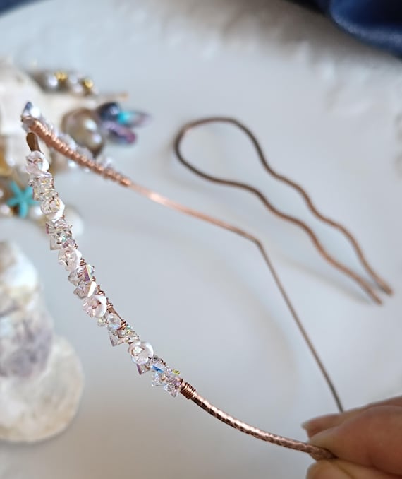 Reverse Halo Copper Tiara – Bridal Headpiece, Elven Wedding Crown, Antique Copper Hair Vine with Crystals Flowers, Hair Fork Set
