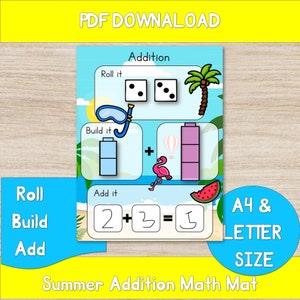 Könnte beinhalten: Eine druckbare Additions-Mathe-Matte zum Thema Sommer mit einer Palme, einem Flamingo und einer Wassermelone. Die Matte enthält einen Würfel-Roll-Bereich, einen Bau-Bereich und einen Additions-Bereich. Der Text "Roll it", "Build it", "Add it", "2 + 3 = 5", "A4 & LETTER SIZE" und "Summer Addition Math Mat" ist auf der Matte enthalten.