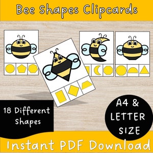Tarjetas de clip de formas 2D con tema de abejas - Recurso de enseñanza de aprendizaje Montessori PDF Descargar Imprimir Juego de simulación Actividad para niños pequeños PreK Preescolar