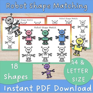 May include: Printable robot shape matching activity for kids.  The printable includes 18 robot shapes in various colors.  The printable is available in A4 and letter size.  Robot Shape Matching.  Instant PDF Download.
