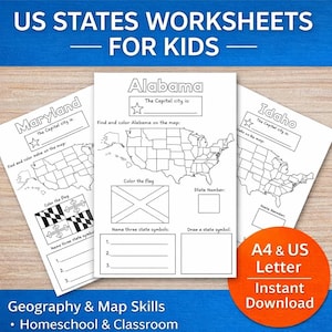 US States Worksheets for Kids | USA Geography Printable Activities | Homeschool Social Studies | 50 States Map, State Facts & Flags