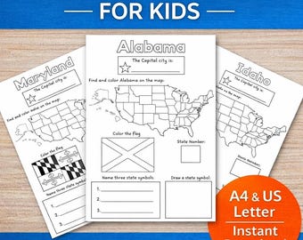 US States Worksheets for Kids | USA Geography Printable Activities | Homeschool Social Studies | 50 States Map, State Facts & Flags